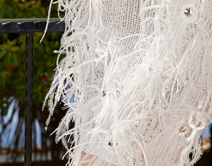 DOLLY Luxury Sliver V-Neck Sleeveless Beaded Sequin Feather Short Dress-JULIA