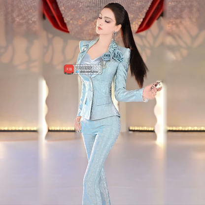 VJE printed small suit jacketbell bottoms three-piece suit set - MARI.