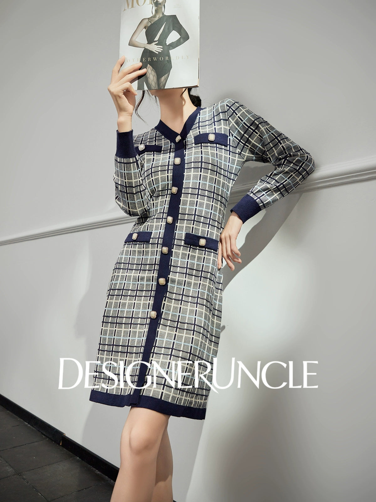DGU "Lanzhi" royal blue new plaid slimming and versatile long-sleeved skirt - Noah.
