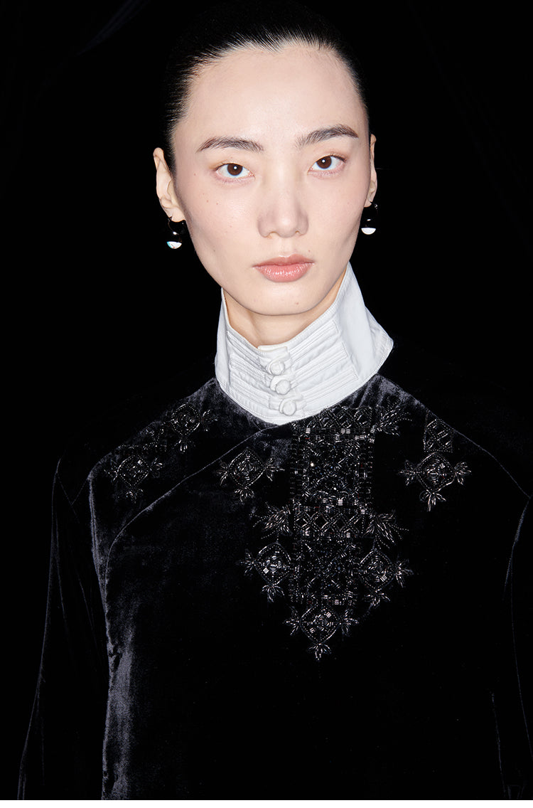 M essential Mackay designer Indian silk embroidered silhouette velvet top pant set- buck.