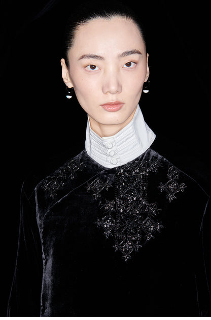 M essential Mackay designer Indian silk embroidered silhouette velvet top pant set- buck.