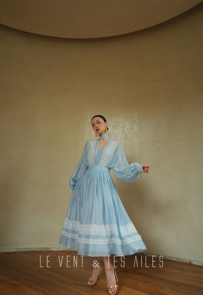 LE VENT&TES AILES pastel blue elegant summer vacation  V-neck shirt skirt set -GWEN