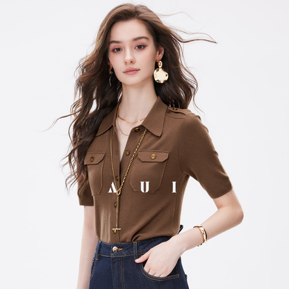 AUI  Polo Collar Long Sleeve Knit Sweater Top - PAKA