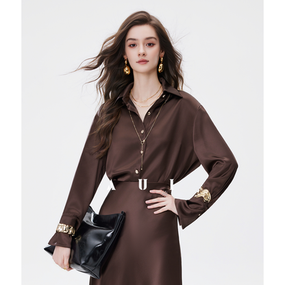AUI Maillard coffee color high-end satin temperament high-waisted hip skirt - Gyeong.