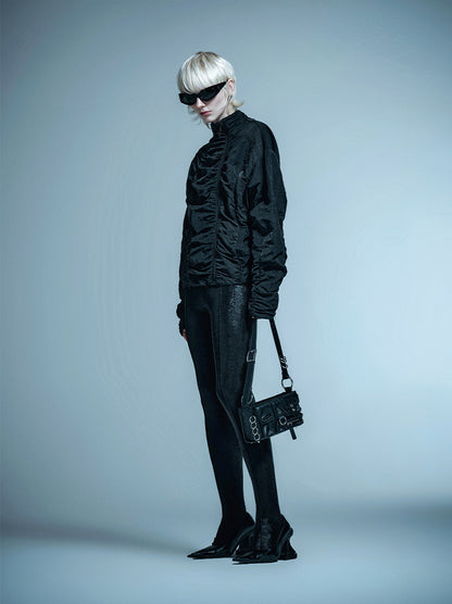 ANNAKIKI black zipper split function pleated jacket for women-HINA