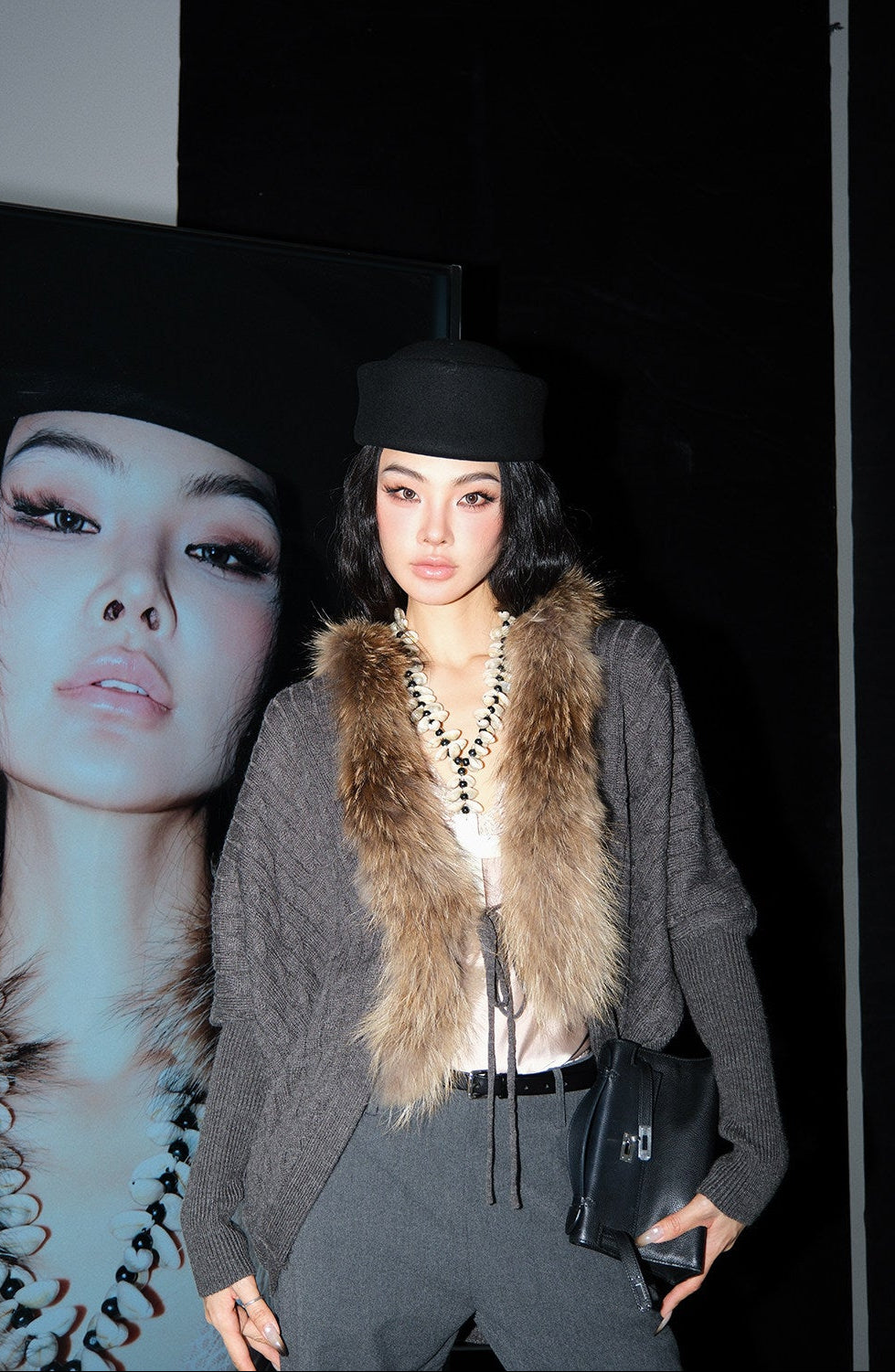 MEI SANGUAN Fur Collar Batwing Wool Sweater- JESSE