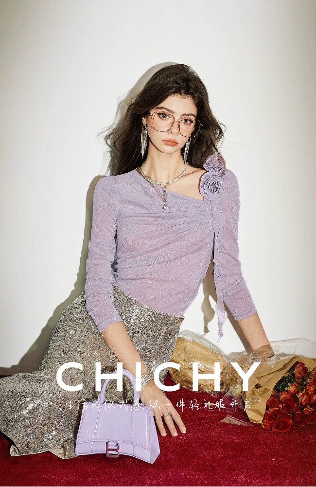 CHICHY gentle chic purple asymmetrical long-sleeved top-LISA