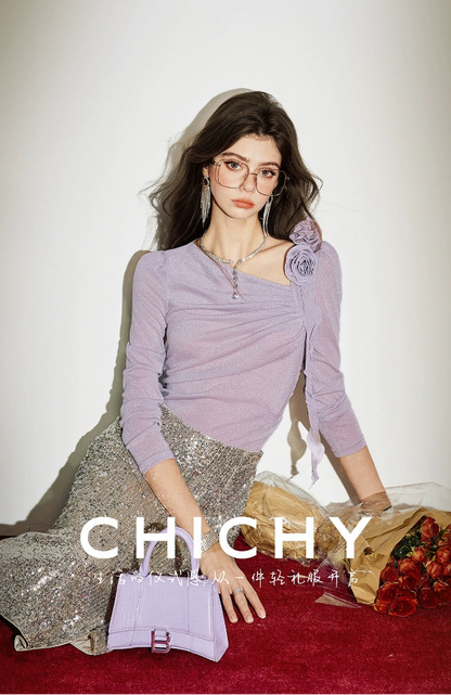 CHICHY gentle chic purple asymmetrical long-sleeved top-LISA