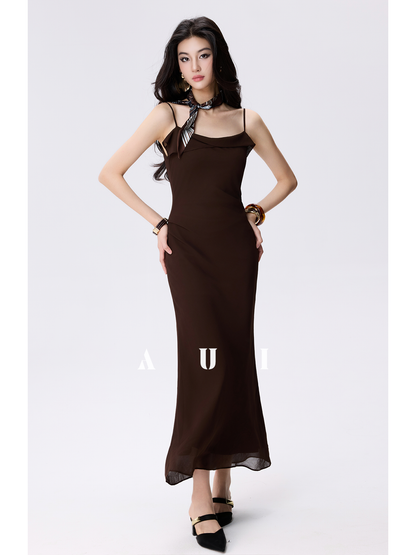 AUI Mocha Mousse Coffee Color Slip Temperament Slim Hip Dress -  A-Yeong