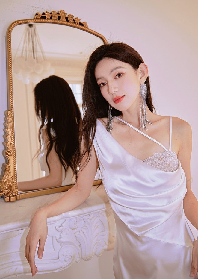 DOLLY Elegant Blue French Style Satin Sleeveless Pleated Hip Long Slit Dinner Dress-AVA