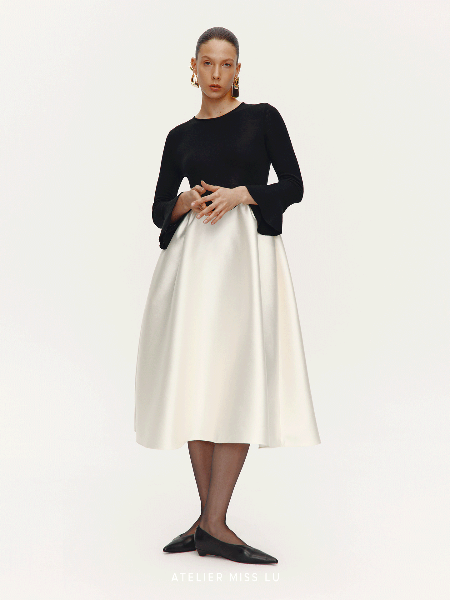 ATELIER MISS LU Glossy Slightly Stretched Long Sleeve A-Line Dress - HEAVE