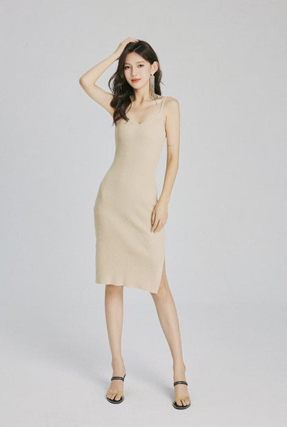 DOLLY Luxury Simple V-Neck Sleeveless Slim Fit Knitted Split Hip Date Dress-KELA