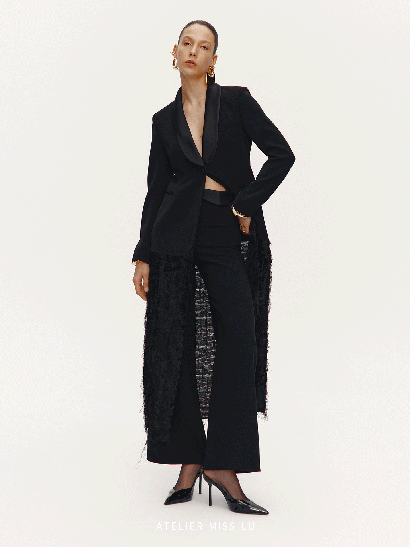 ATELIER MISS LU Slim Fringe Spliced Texture Long Dress Jacket - AMOT