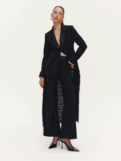 ATELIER MISS LU Slim Fringe Spliced Texture Long Dress Jacket - AMOT