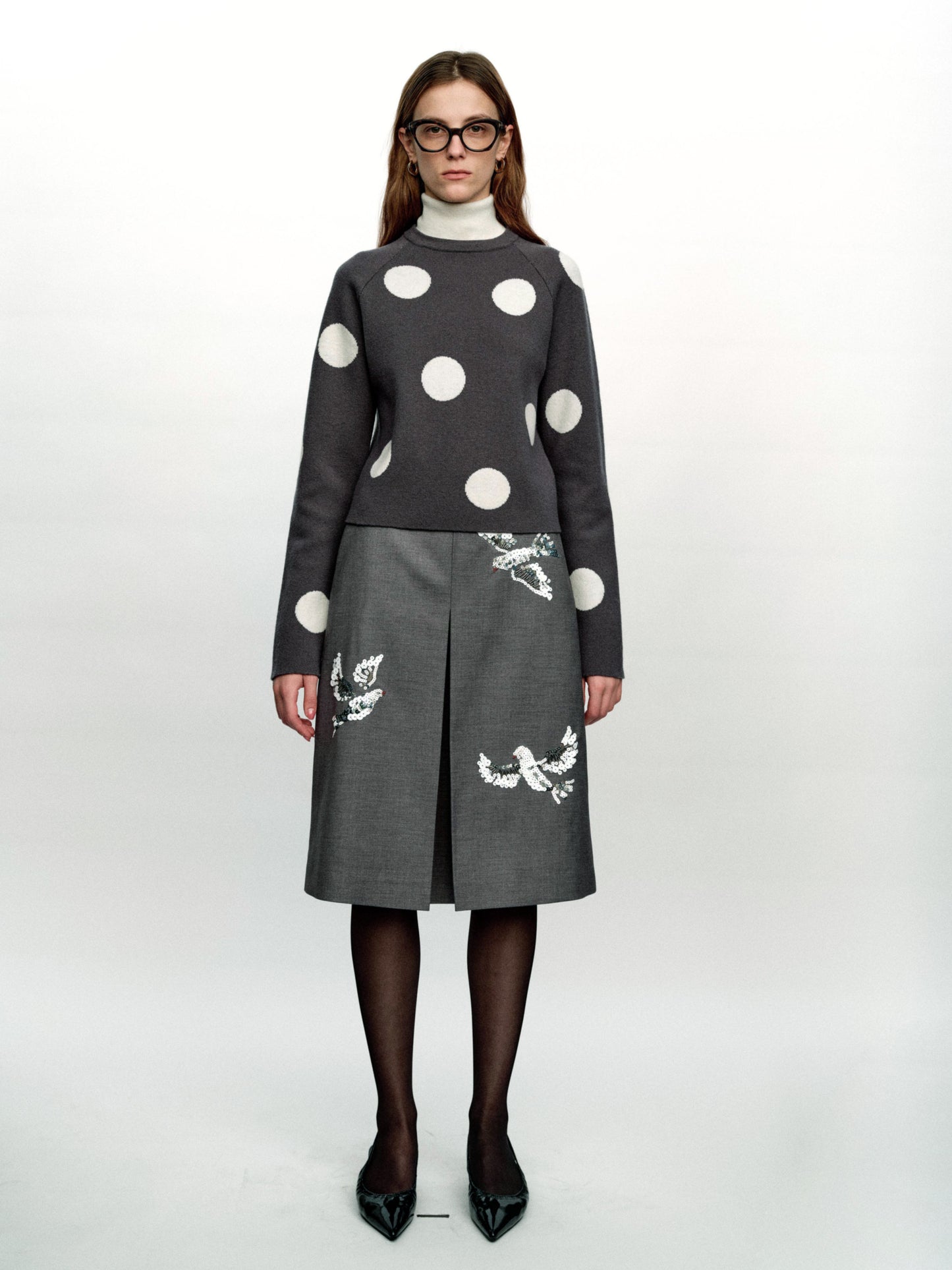 SERRER Gray polka dot jacquard fake two high-necked cropped knitted sweaters - PRIYA.