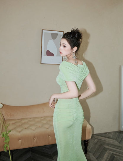 DOLLY Luxury French Style Off Shoulder Short Sleeve Hip Wrap Dinner Dress-ANTHEA