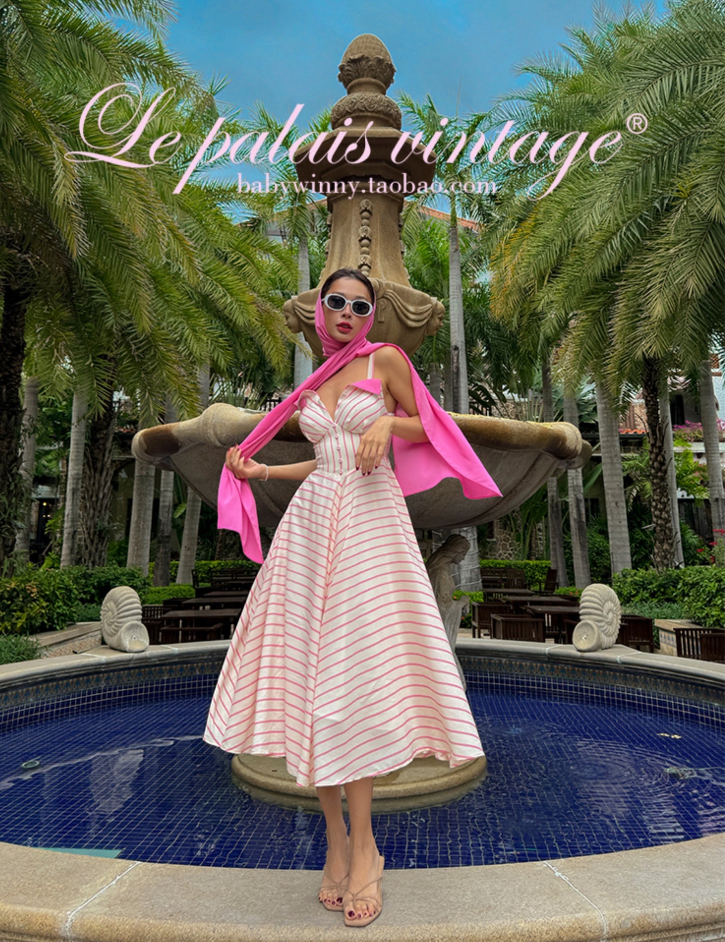 Le Palais Vintage Elegant  pink and white striped heavy work Maxi skirt draped dress-UNIQUE