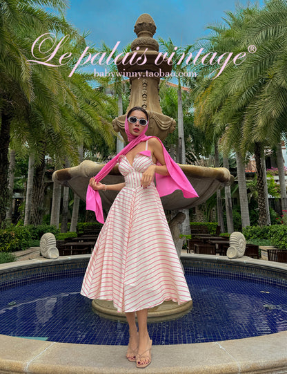 Le Palais Vintage Elegant  pink and white striped heavy work Maxi skirt draped dress-UNIQUE