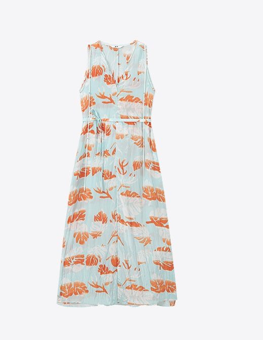 COMME MOI Lv Yan Designer Summer Women's V-Neck Sleeveless Resort Print Dress - OLIVIA.