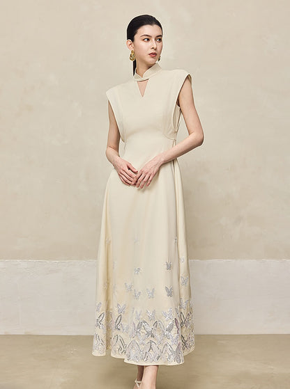 HECO Jacquard Acetate Hollow Stand Collar Thin A-line  Black White Dress Women - WEIGHT.