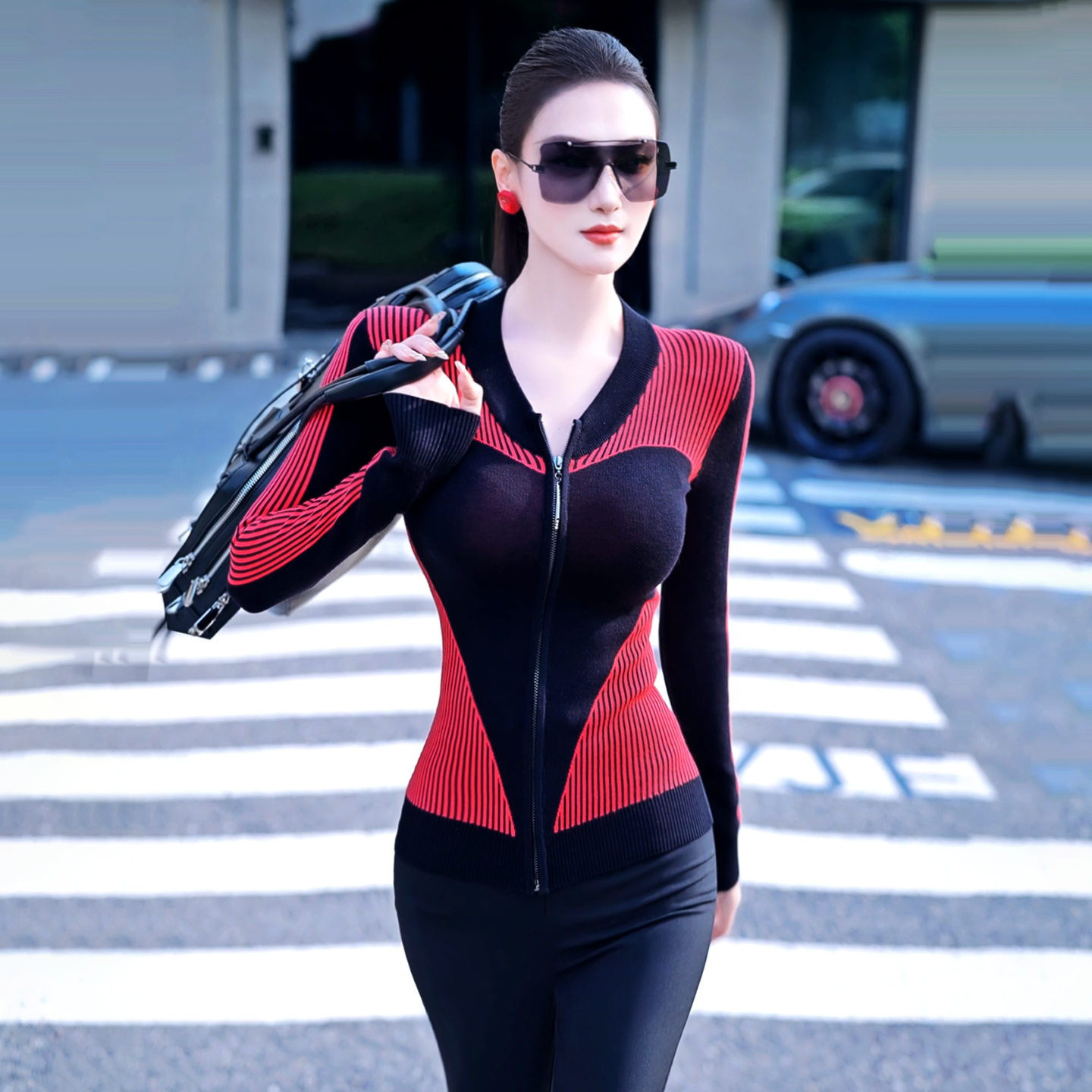 VJE color-blocked plaid knitted cardigan long-sleeved slim sweater top-QIN.