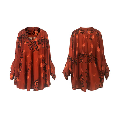 TUYUE Art Print Disc Buckle V-Neck Chiffon Loose Top-DAWN.