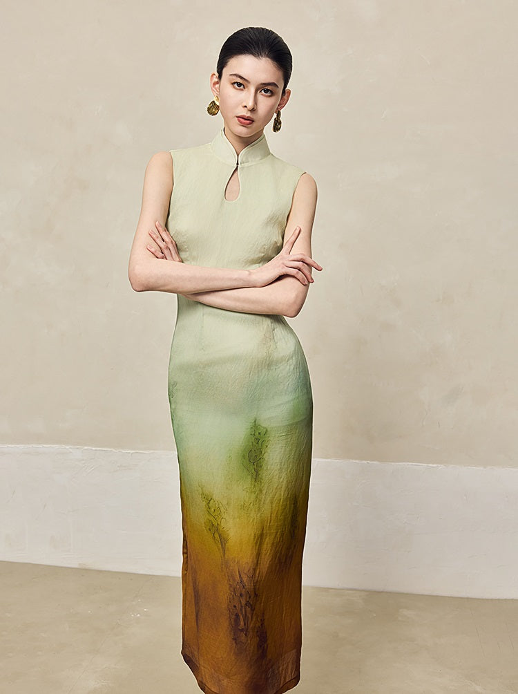 HECO Silk Smudge Chiffon Cheongsam midi sleeveless Dress Women - SIGHT.