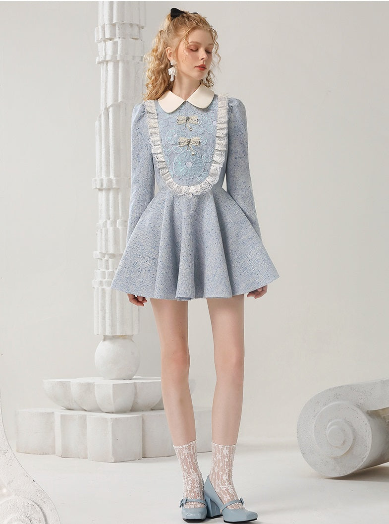 CHECOCRE Elegant Contrasting Lace Short Blue Dress Sweet Doll Collar - PUR