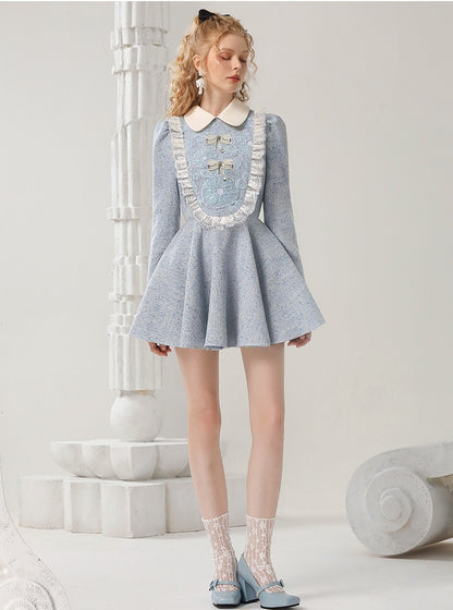 CHECOCRE Elegant Contrasting Lace Short Blue Dress Sweet Doll Collar - PUR