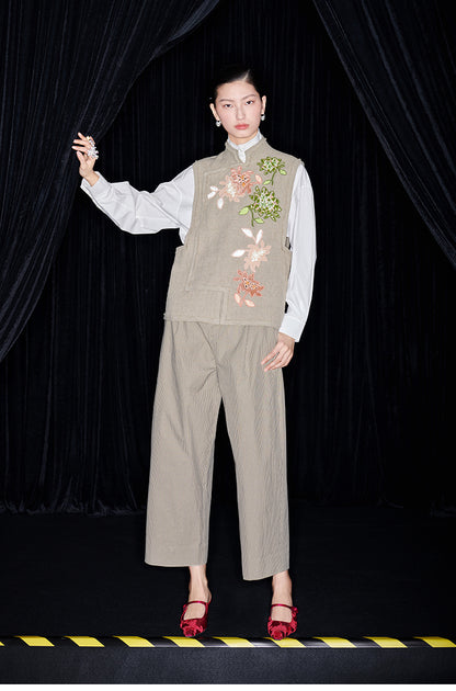 M essential Mackay Puli linen embroidered stand collar gilet vest pant set - Eight Treasures sedum