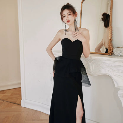 DOLLY Luxury Black Retro Chest Wrap Sleeveless Off Shoulder Long Dinner Dress-ALVINA