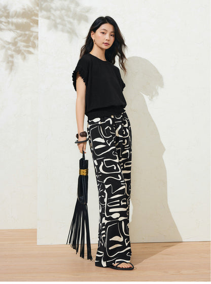 Sushe Neo-Bohemian Tencel linen print drawstring tie wide-leg slacks -JULIET