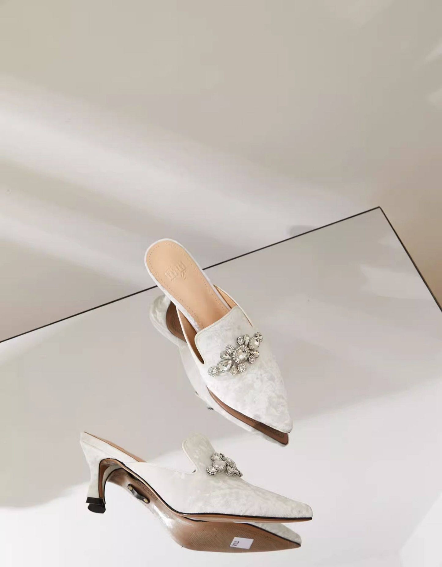 B-FEI Feather Rhinestone White small heels Mule Shoes - POLZ.