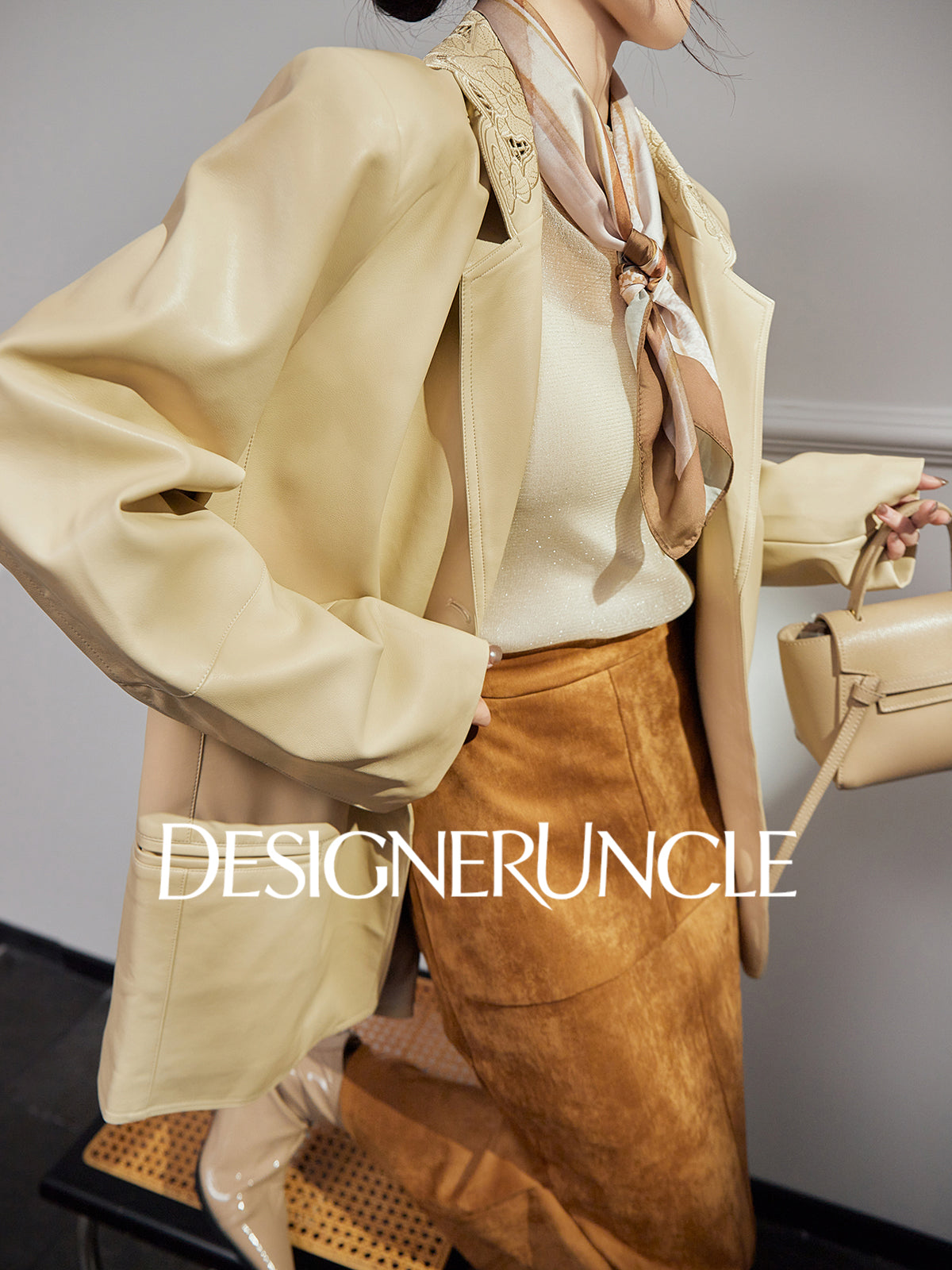 DGU|Beige jacket design sense niche temperament simple loose lapel cropped top - Stephania.
