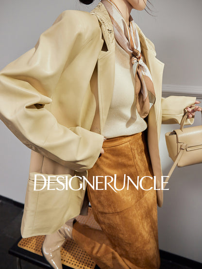 DGU|Beige jacket design sense niche temperament simple loose lapel cropped top - Stephania.