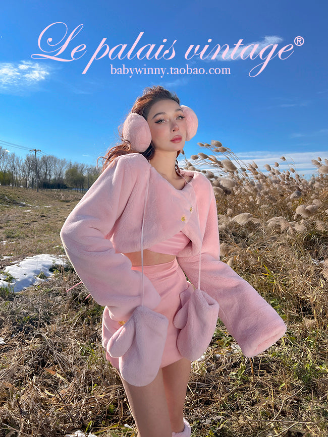 Le Palais Vintage Luxury Pink Fur Gloves + Fur Ear Muff- YASMINE.
