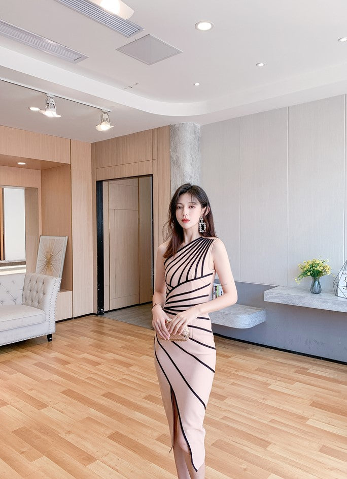 DOLLY Elegant One Shoulder Sleeveless Stripped Slim Fit Slit Dinner Dress-ZEN