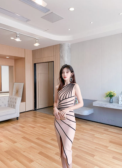 DOLLY Elegant One Shoulder Sleeveless Stripped Slim Fit Slit Dinner Dress-ZEN
