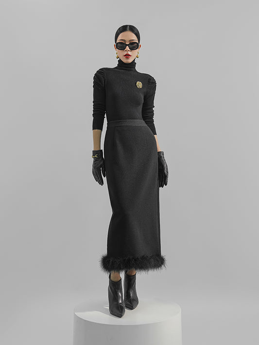 Huanzi custom ostrich black long pencil high-waisted skirt - Jei