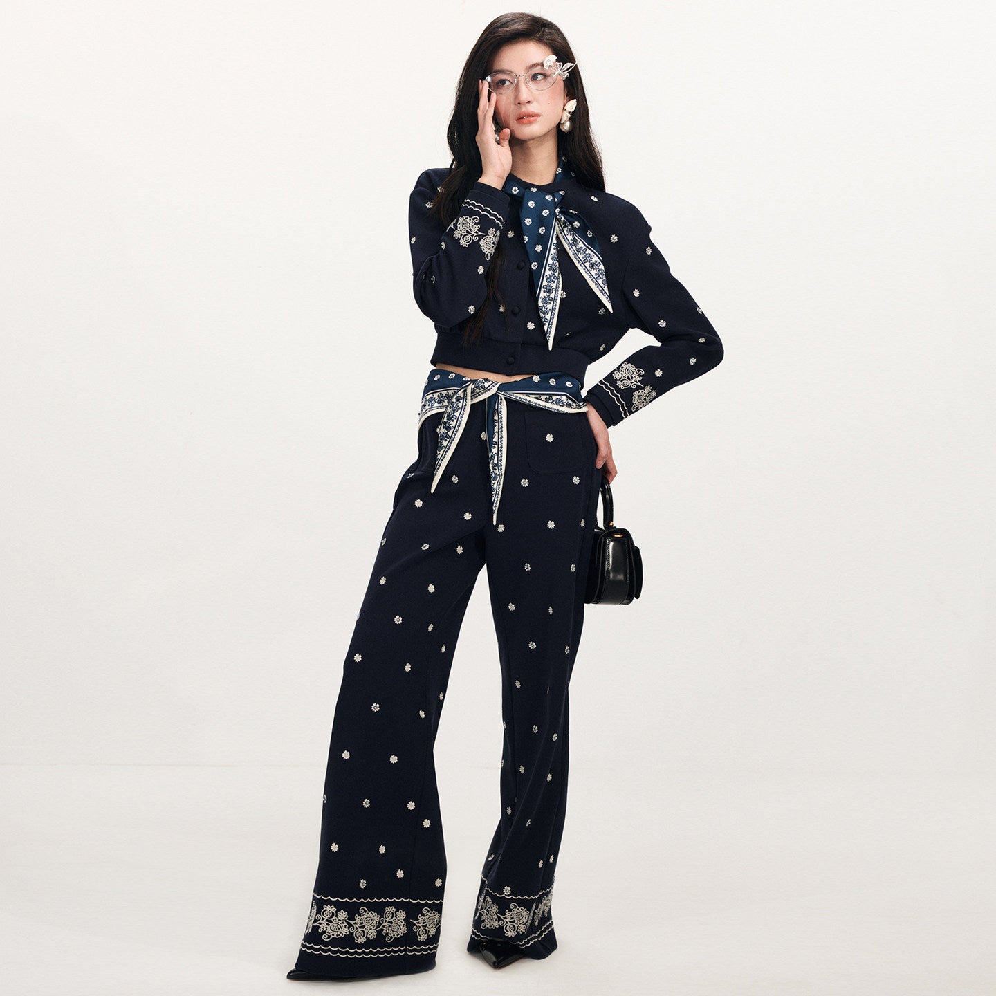 FAME Hepburn Beaded Printed Silk Scarf Embroidered Sweatshirt Jacket