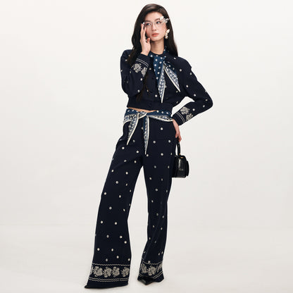 FAME Hepburn Beaded Printed Silk Scarf Embroidered Sweatshirt Jacket