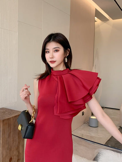 DOLLY High End Retro Style Sleeveless Ruffle Slim Fit Midi Church Dress-RAIN