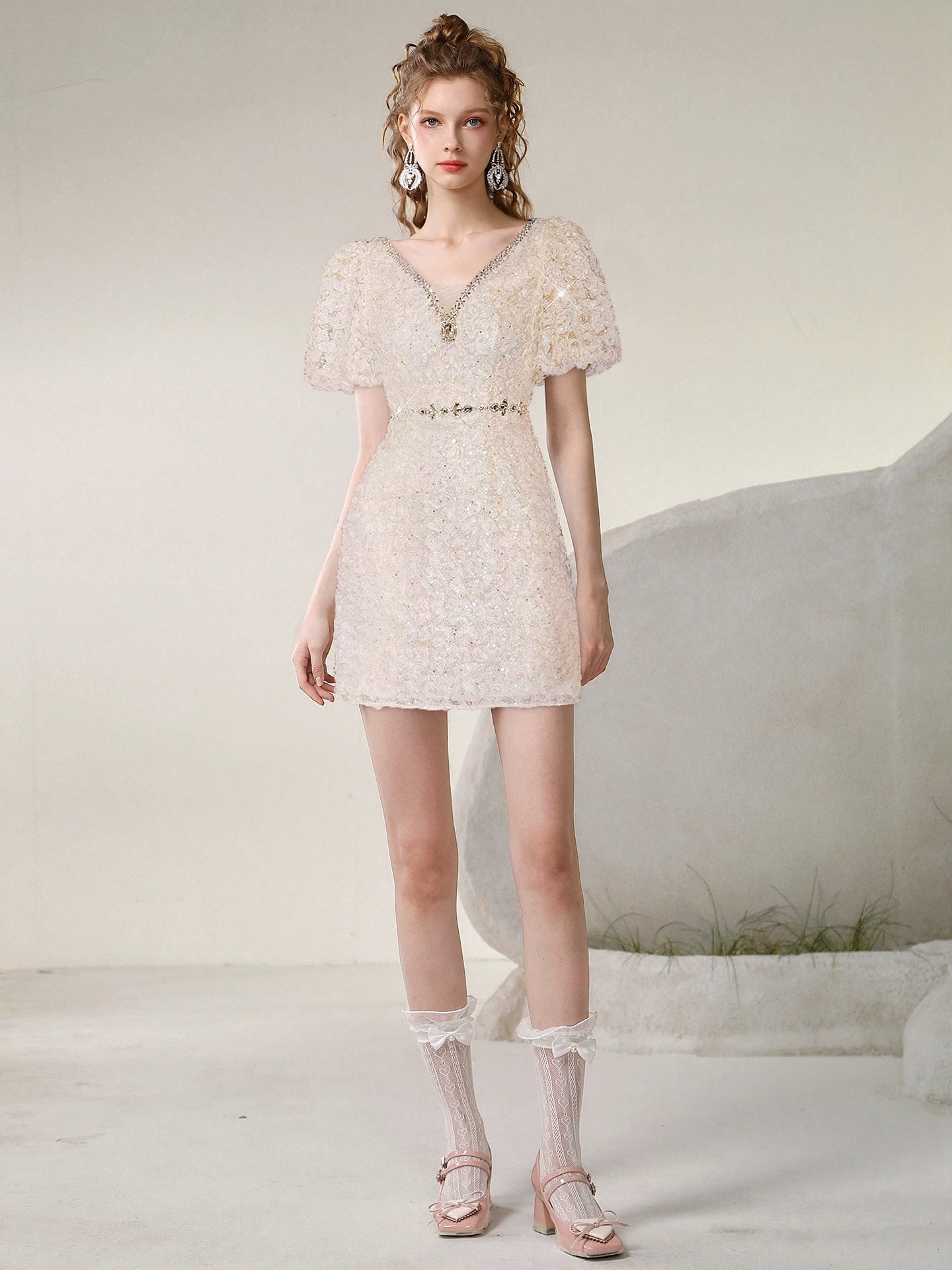 CHECOCRE summer new high-end fashion puff sleeve nail diamond dress - ROAR.