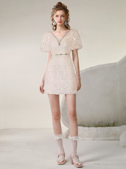 CHECOCRE summer new high-end fashion puff sleeve nail diamond dress - ROAR.