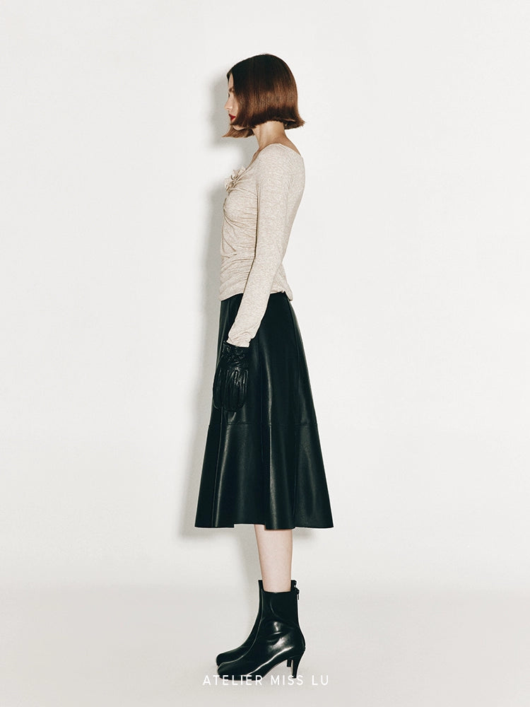ATELIER MISS LU Fall/Winter Orchid Shape Patch Ruched Stretch Top - MELODY.