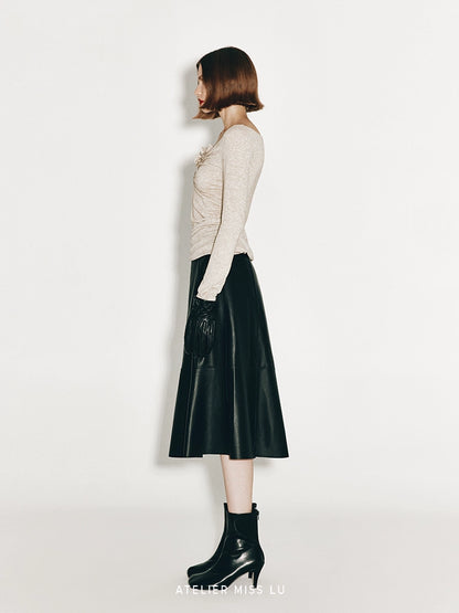 ATELIER MISS LU Fall/Winter Orchid Shape Patch Ruched Stretch Top - MELODY.