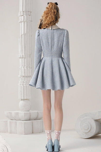 CHECOCRE Elegant Contrasting Lace Short Blue Dress Sweet Doll Collar - PUR