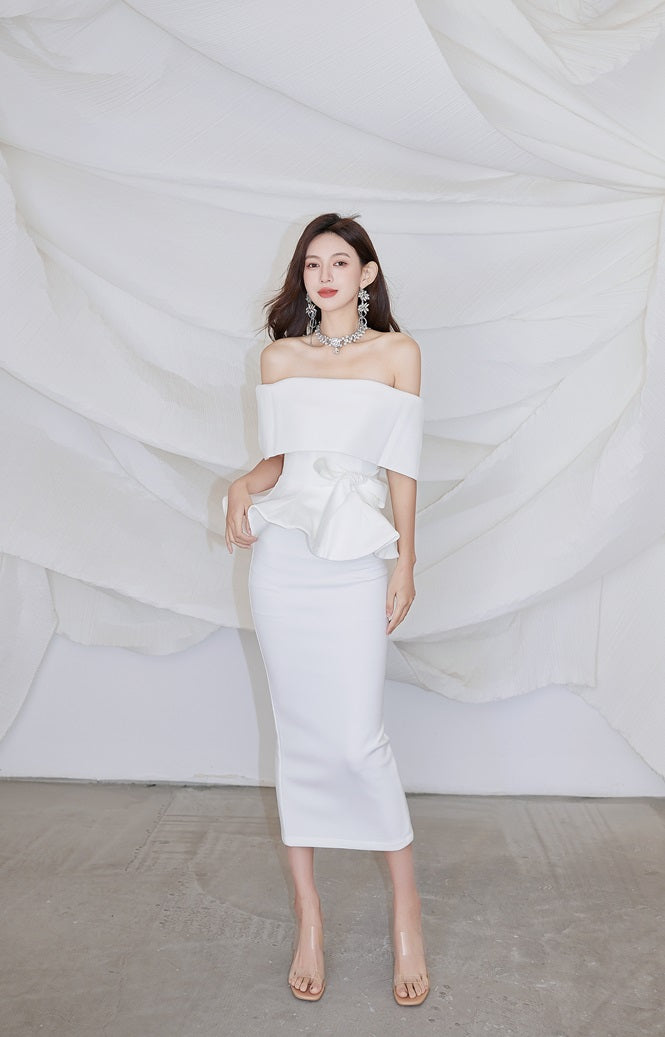 DOLLY High End Off Shoulder Peplum Tube Top Slim Fit Wedding Guest Dress-HANS