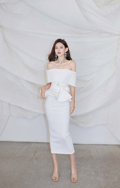 DOLLY High End Off Shoulder Peplum Tube Top Slim Fit Wedding Guest Dress-HANS