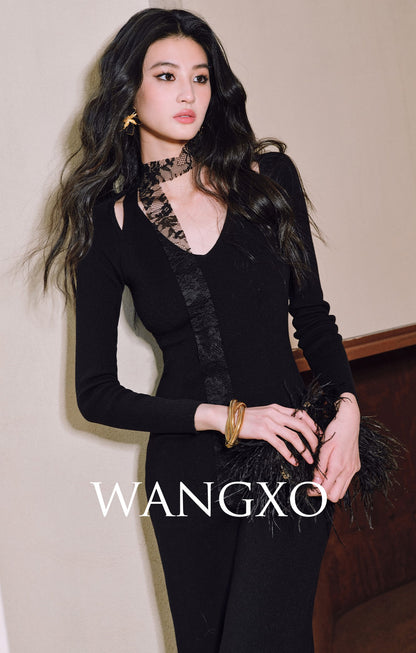 WANGXO | Merino Wool Knit with Panelled Eyelash Lace Slim Dress -NÉRO.